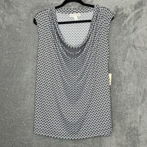 Emaline 2X Top Shirt Navy Blue Geometric Sleeveless Cowl Neck Women Stretch